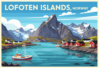Vintage travel poster, Lofoten islands, Norway, art in the style of retro illustration