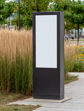 Urban Street Advertisement Display Design Nature Outdoors Blank Sign Monument Background Modern Architecture Pathway Flowers Marketing Poster 