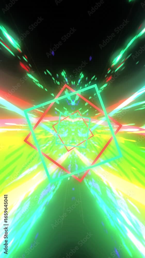 Poster animation of neon shapes and tunnel of glowing light trails of data transfer