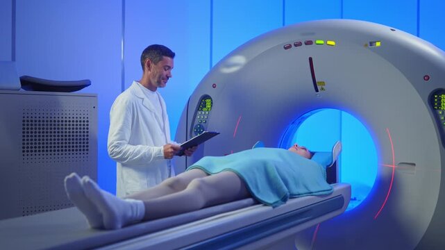 Medical worker standing confidently near MRI tunnel while female patient resting on table. Overseeing post-scan procedure inside professional medical imaging center. Patient lying on CT, PET, or MRI