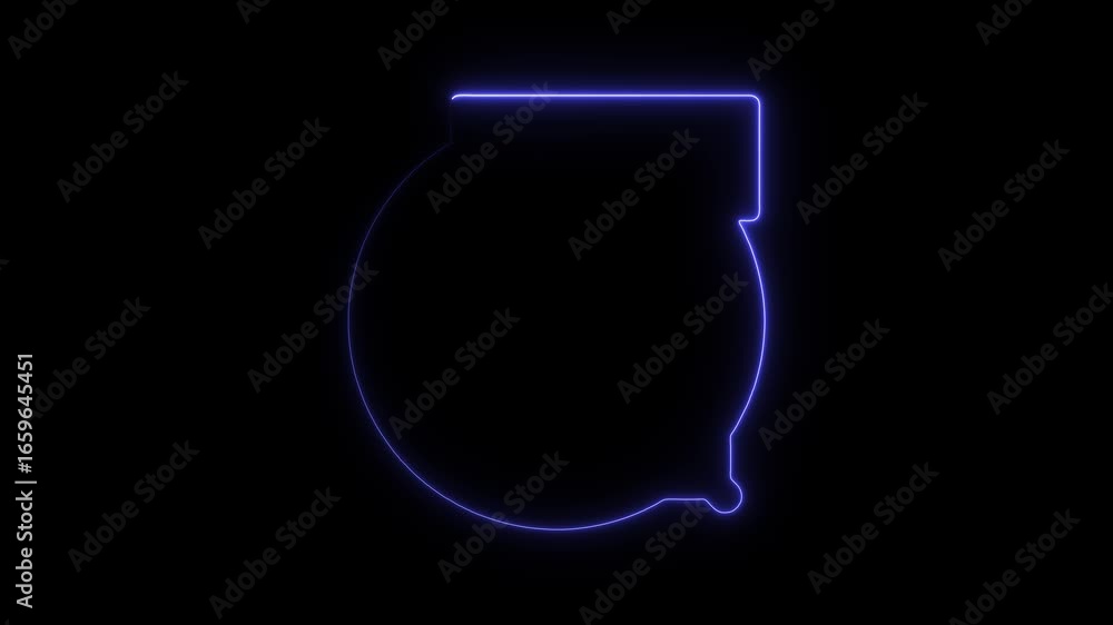 Poster neon outline of a round object with a flat top and a small protrusion at the bottom on a black backg