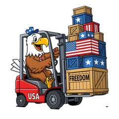 Cartoon-style bald eagle driving a forklift full of patriotic crates, cheerful mascot vibe, isolated on white background