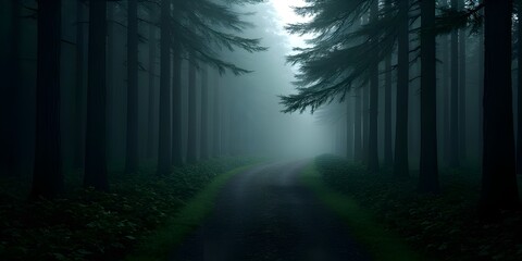 Obraz premium Winding path vanishes into misty forest depths