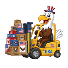 Cartoon-style bald eagle driving a forklift full of patriotic crates, cheerful mascot vibe, isolated on white background