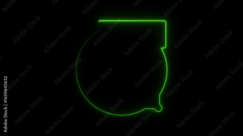 Poster neon outline of a round object with a flat top and a small protrusion at the bottom on a black backg