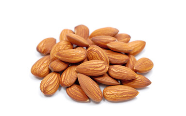 Organic almond nuts on white background.