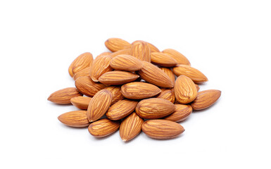 Organic almond nuts on white background.