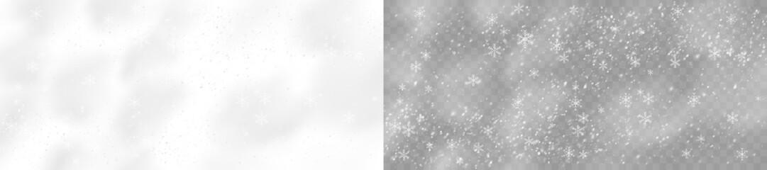 Snowfall transparent background. Realistic winter overlay with snowflakes, frost, icy storm effect,...