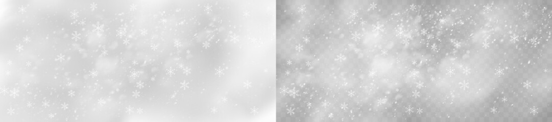 Snowfall transparent background. Realistic winter overlay with snowflakes, frost, icy storm effect,...