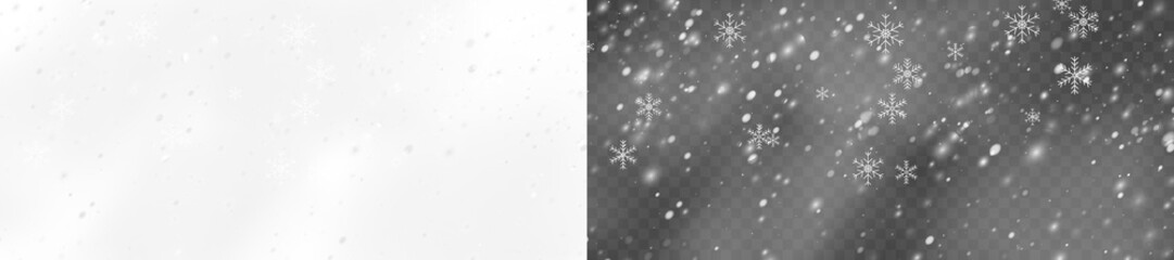 Snowfall transparent background. Realistic winter overlay with snowflakes, frost, icy storm effect,...