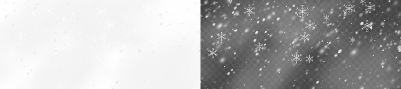 Snowfall transparent background. Realistic winter overlay with snowflakes, frost, icy storm effect, Christmas holiday card decoration, seasonal festive template for design projects.