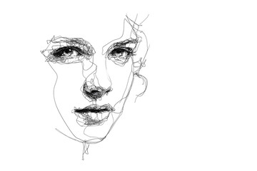 Continuous line drawing of female face. Minimalist scribble portrait of woman.