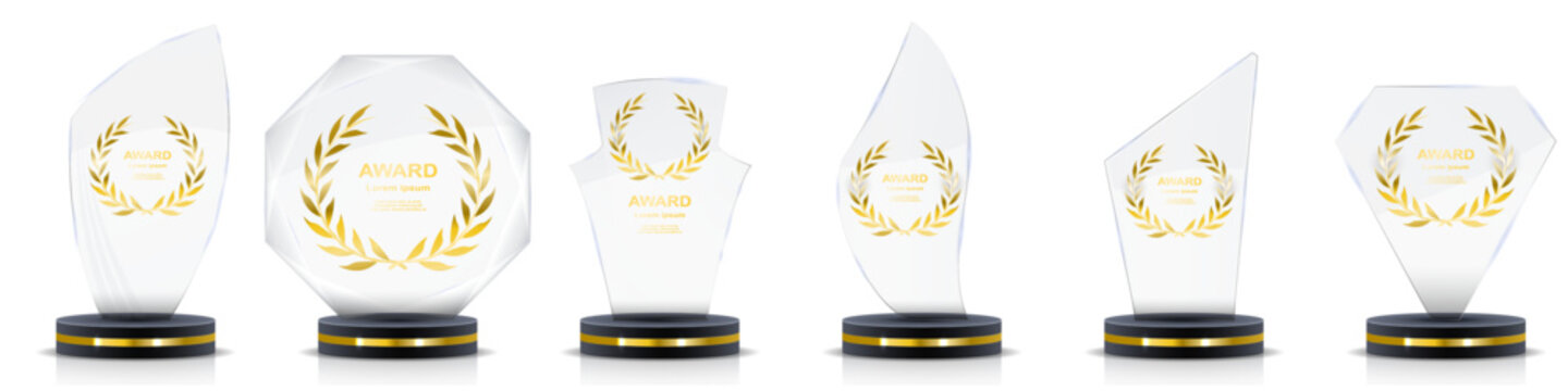 Winner trophy awards set. Elegant transparent glass prizes for sports, business recognition, corporate achievement, championship, first place, success celebration, and event design.