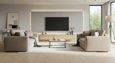 Calm and Spacious Modern Living Room with Symmetrical Layout and Soft Neutral Palette.