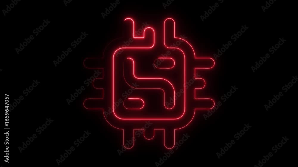 Poster neon red microchip circuit board icon on black background processor computer chip