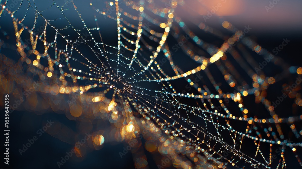 Poster sparkling dew drops on intricate spider web catch golden light, creating a magical bokeh effect