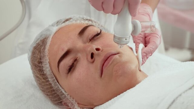 Beautician woman using oxygen infusion facial machine at wellness center. Patient receiving rejuvenating facial treatment. Procedure helping to deeply hydrate and revitalize skin