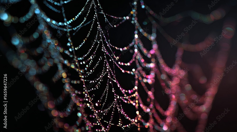 Poster captivating spiderweb adorned with dew drops sparkling with vibrant, colorful bokeh lights