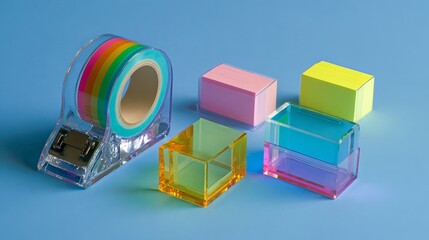 Vibrant, modern stationery set with colorful tape and acrylic holders on a blue background