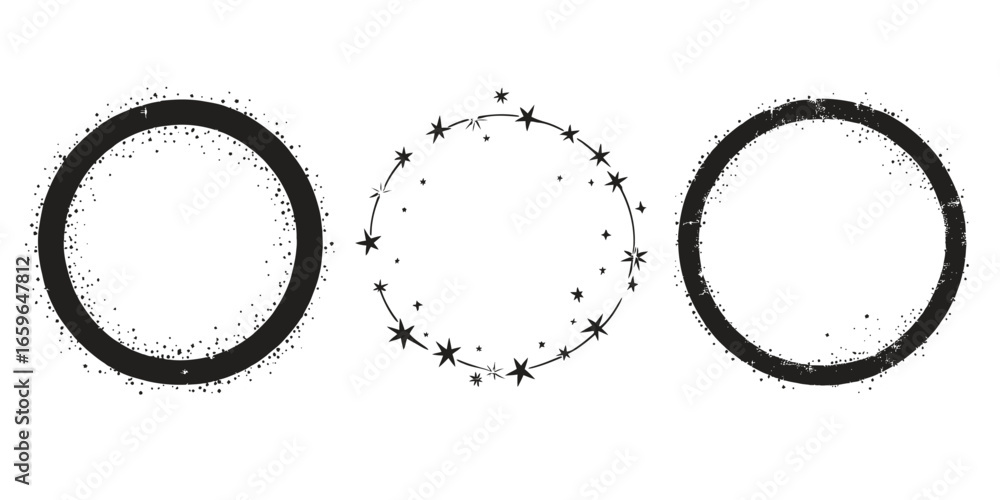 Poster set of three black circular frames with scattered stars, sparkles, and glitter texture borders in mi