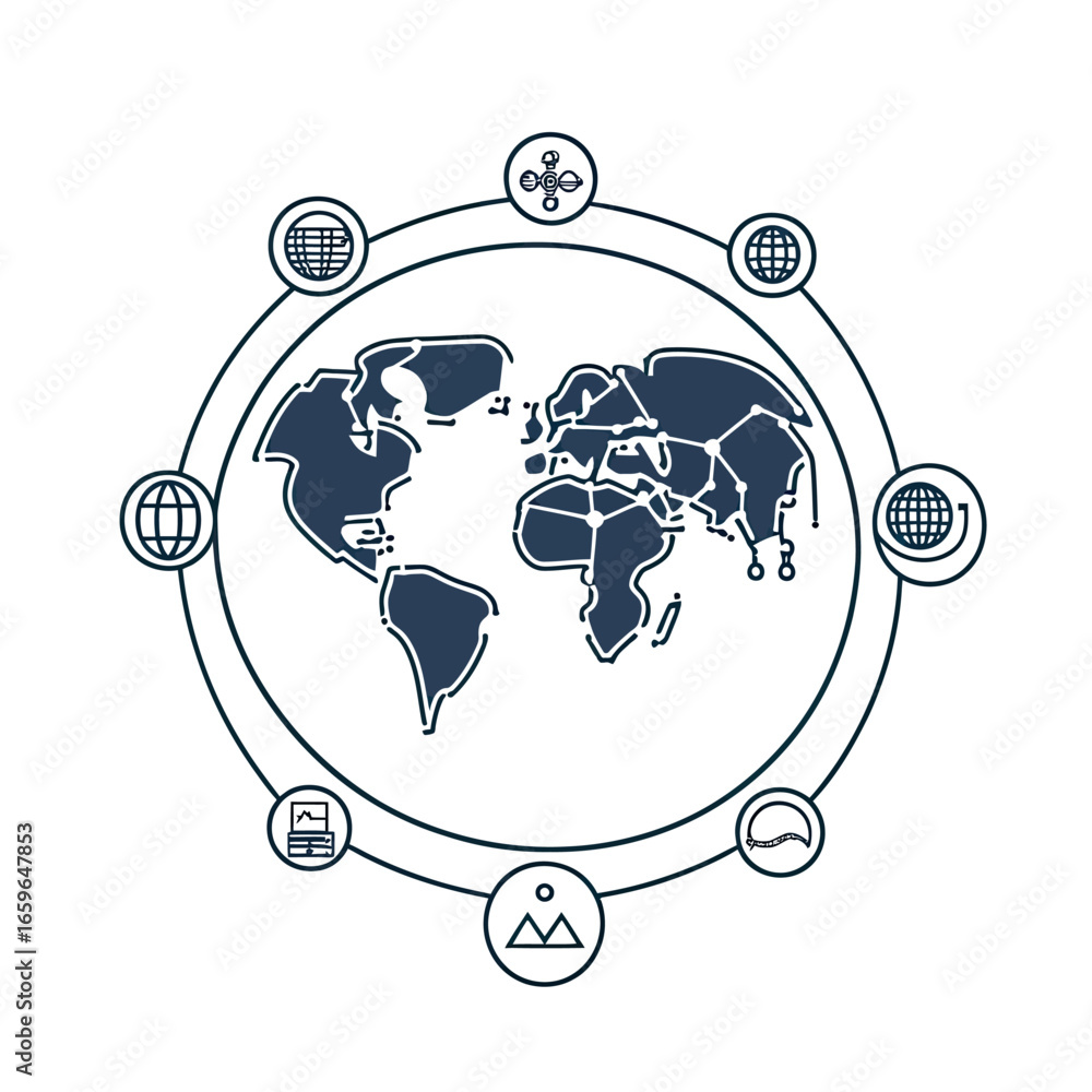 Poster global network map with connected world continents and circular internet technology icons in flat mi