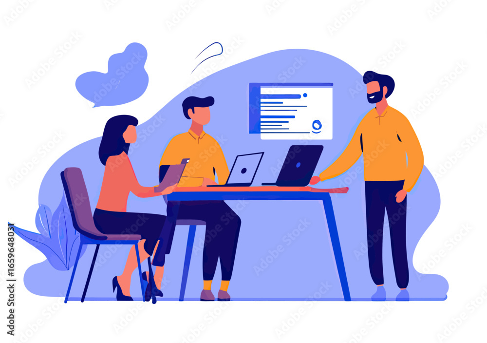 Poster business team meeting with manager presenting project details on screen to colleagues using laptop a