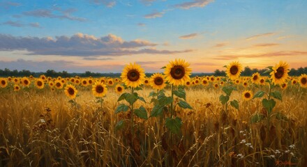 夕日輝く向日葵畑 穏やかな風景写真. AI Generated