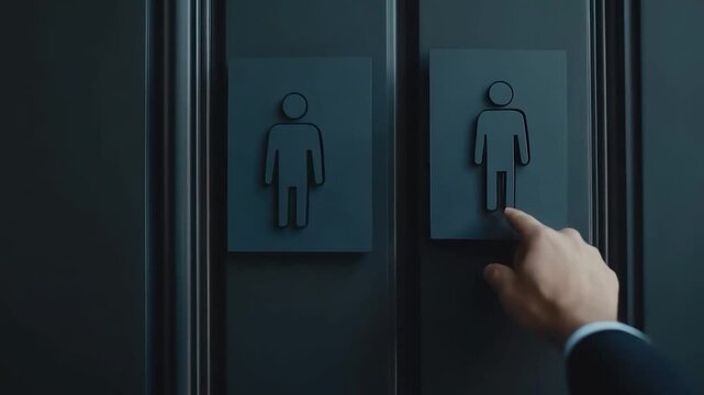 A hand presses a dark gray restroom sign