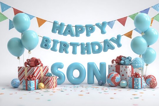 Celebrate your son's special day with this vibrant birthday scene featuring balloons, gifts, and festive banners