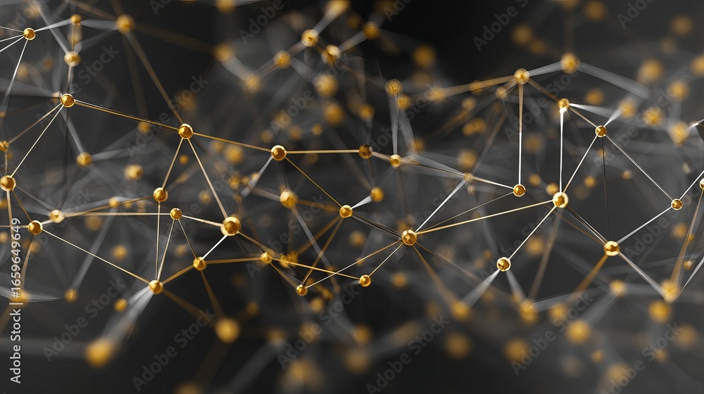 Poster dynamic golden network nodes connect in abstract 3d space, symbolizing data flow and global connecti