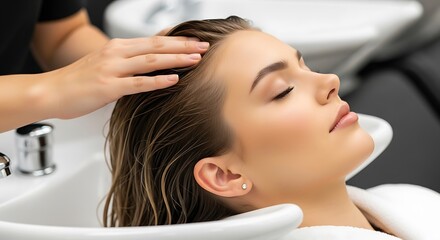 Fototapeta premium Woman receiving a hair wash at a salon with hands massaging her scalp gently