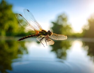 Dragonfly hovering over water at sunset