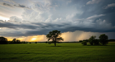 Dramatic storm clouds hover over lush green field and isolated tree during sunset