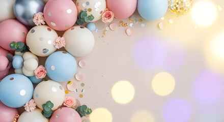 Stylish aesthetic birthday background with cake, candles, colorful decor, elegant party design wallpaper backdrop