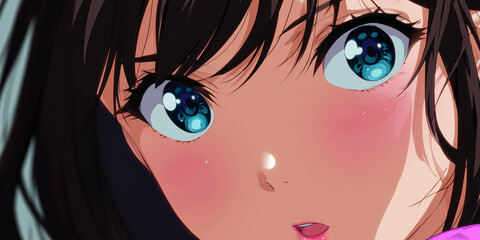 An extreme close-up of an anime woman's face with large cyan eyes reflecting starlight, in a detailed digital art style, expressing innocent wonder and dreamy beauty