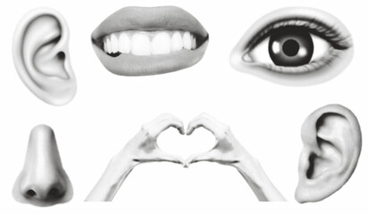 Halftone collage elements on white background. Set of dotted texture eyes, hands, lips, smile, nose and ears . Pop art or dotted facial parts and cut-out stickers.