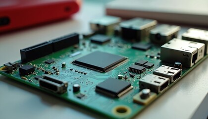 Electronic circuit board with microchips, processors. Digital technology component, computer hardware device on table. Modern tech background for tech design.