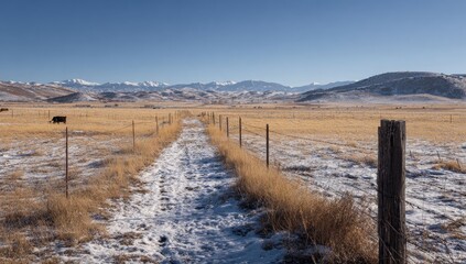 Snowy winter path through rural pasture, cattle in distance, mountains in background