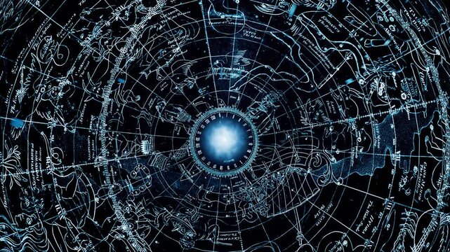 Ancient zodiac signs rotating in the starry sky. The concept of compiling horoscopes, astrology and symbols. 3D animation background.