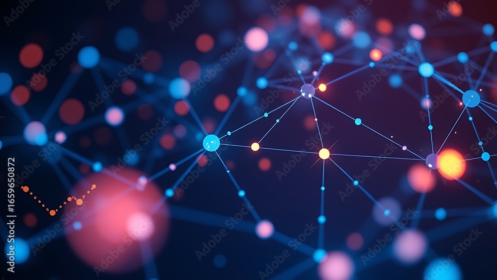 Wall mural abstract network of glowing nodes and connections in blue and orange floating in space.