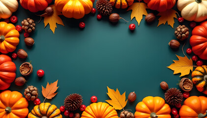 Fototapeta premium Pumpkins, autumn leaves and other fall elements on dark teal background
