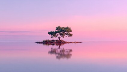 Solitary tree on tranquil island, serene pink sunrise, calm water reflection
