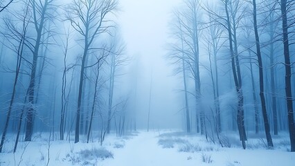 A serene winter forest landscape with misty blue tones and a soft watercolor-like ambiance.
