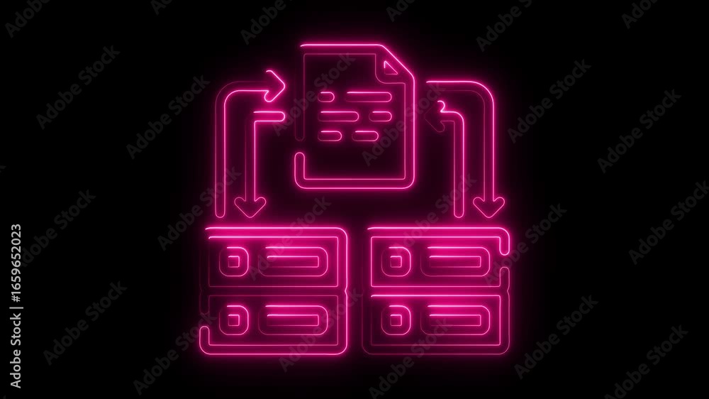 Poster pink neon glowing icon of document transfer between two data blocks on black background file storage