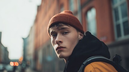 Young man in beanie and hoodie with backpack gazes thoughtfully in urban street setting