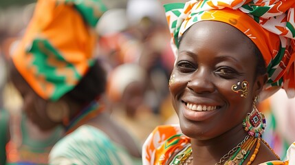 Joyful African woman smiling brightly, adorned with vibrant traditional attire and face paint