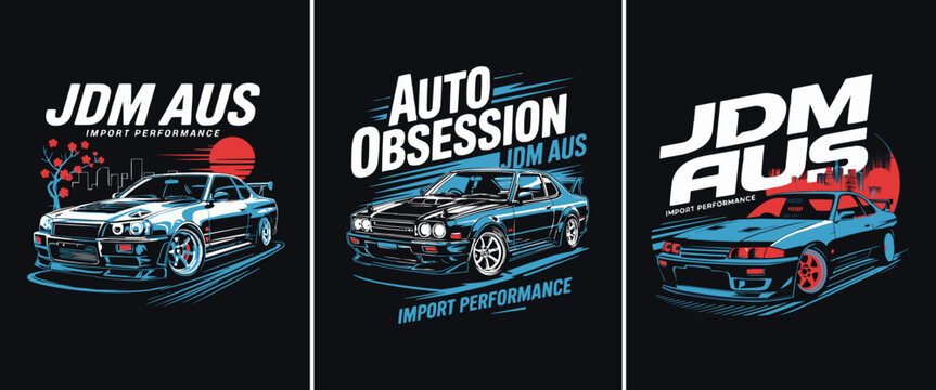 JDM AUS import performance Japanese car illustration set retro tuning style emblem for automotive apparel and t shirt design