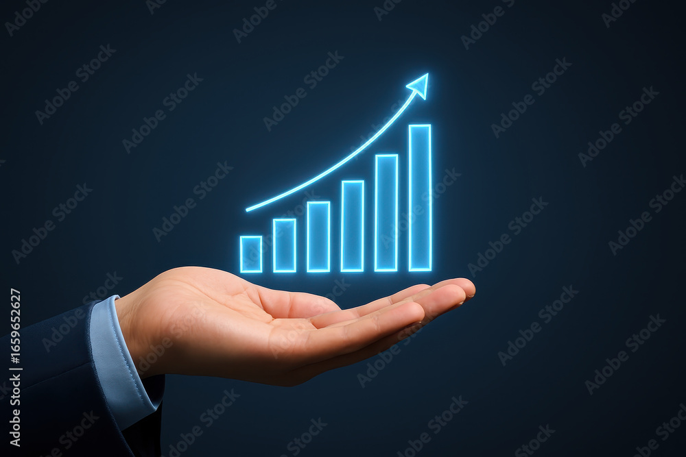 Poster business symbol technology concept data innovation growth chart with upward arrow glowing above open