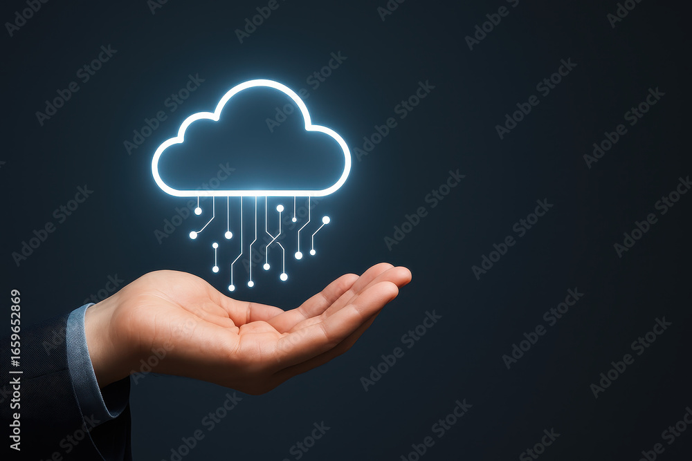 Poster cloud technology concept glowing above open hand symbolizing data innovation and business symbol in 