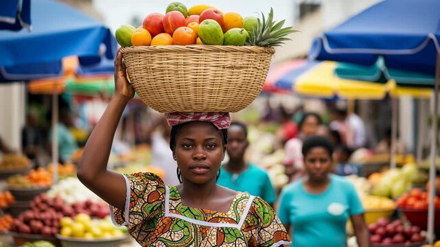 Haitian market woman skillfully balances fruits on her head while navigating vibrant marketplace